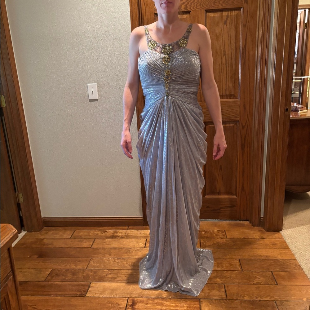 Adrianna Papell Metallic Silver Maxi Dress